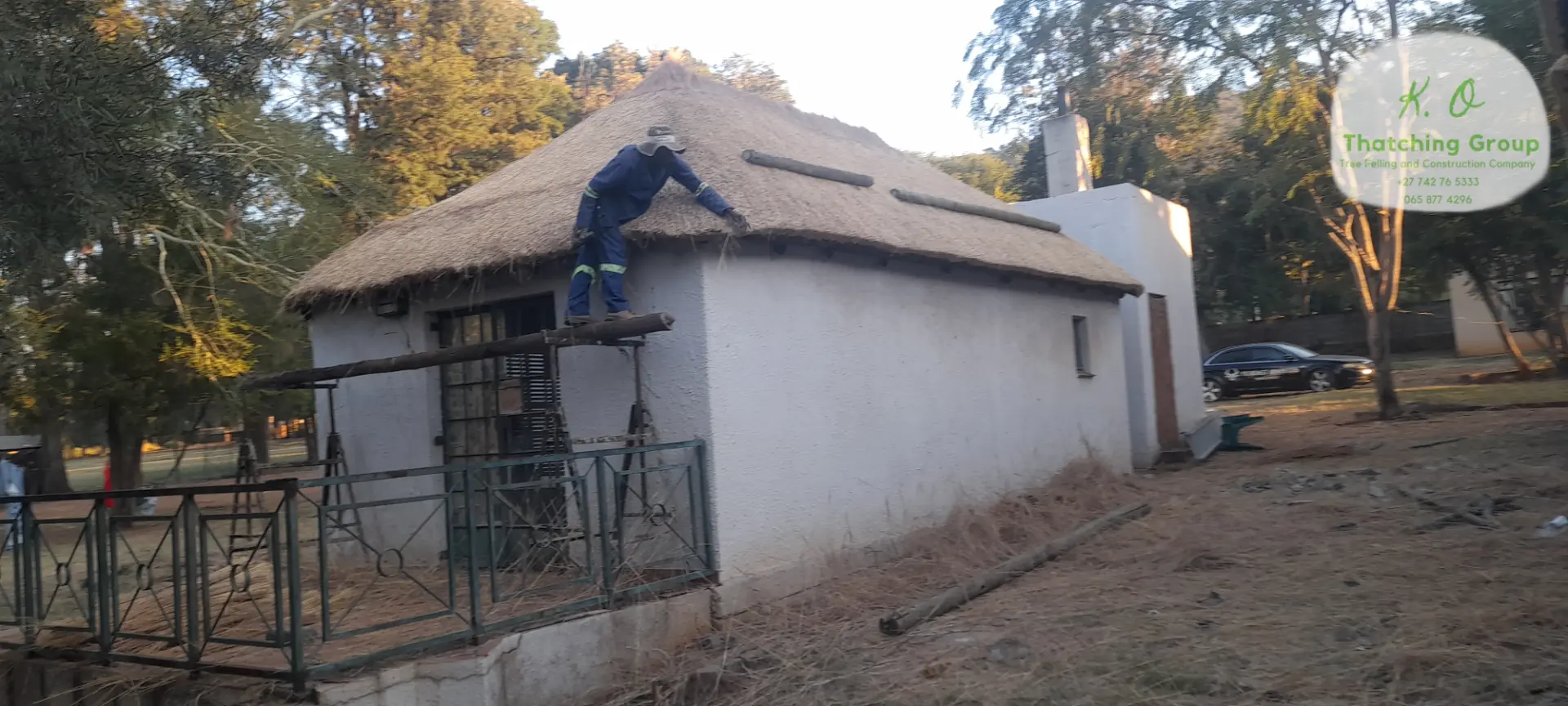Thatcher on scaffolding finishing a thatched cottage roof in a tree-lined garden