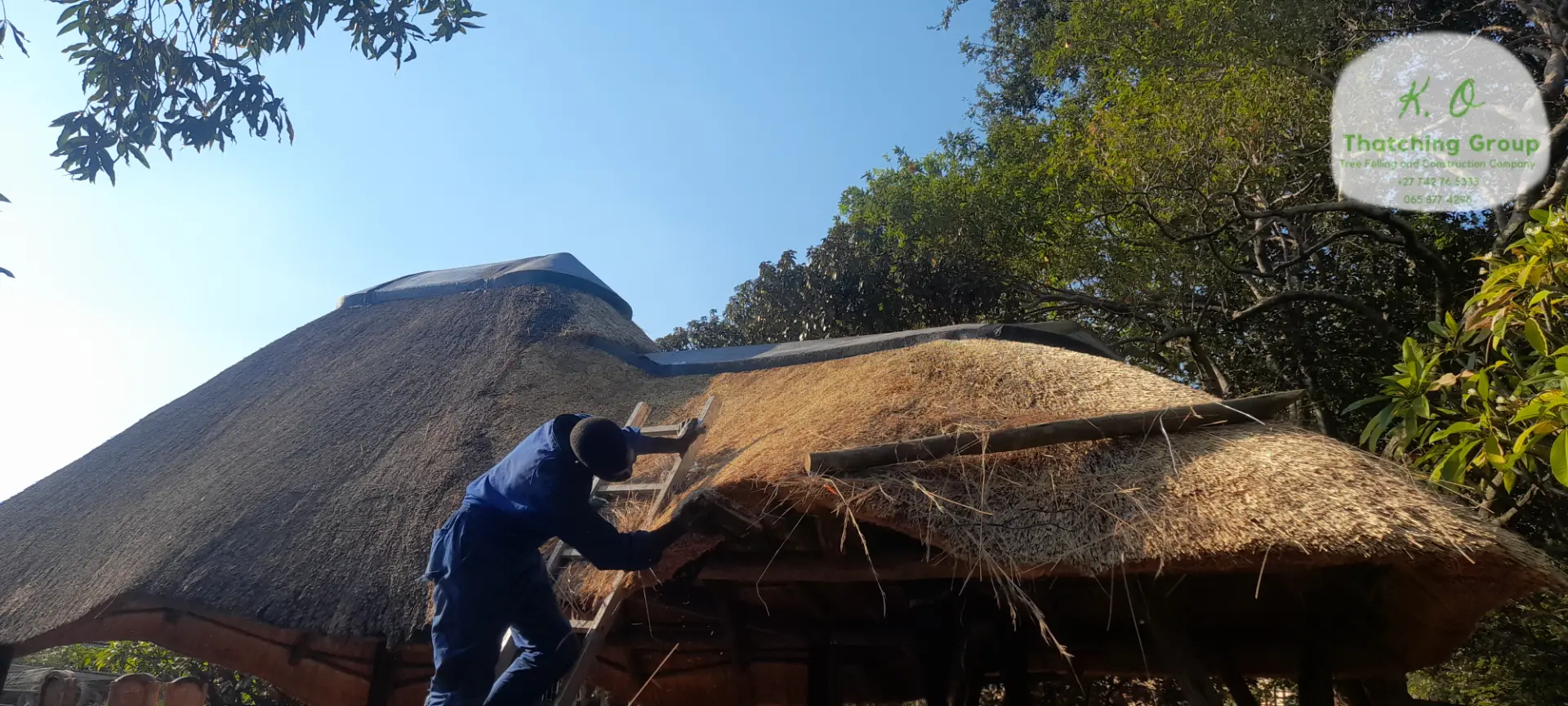 Thatcher working on a roof section, dressing reed under a clear blue sky