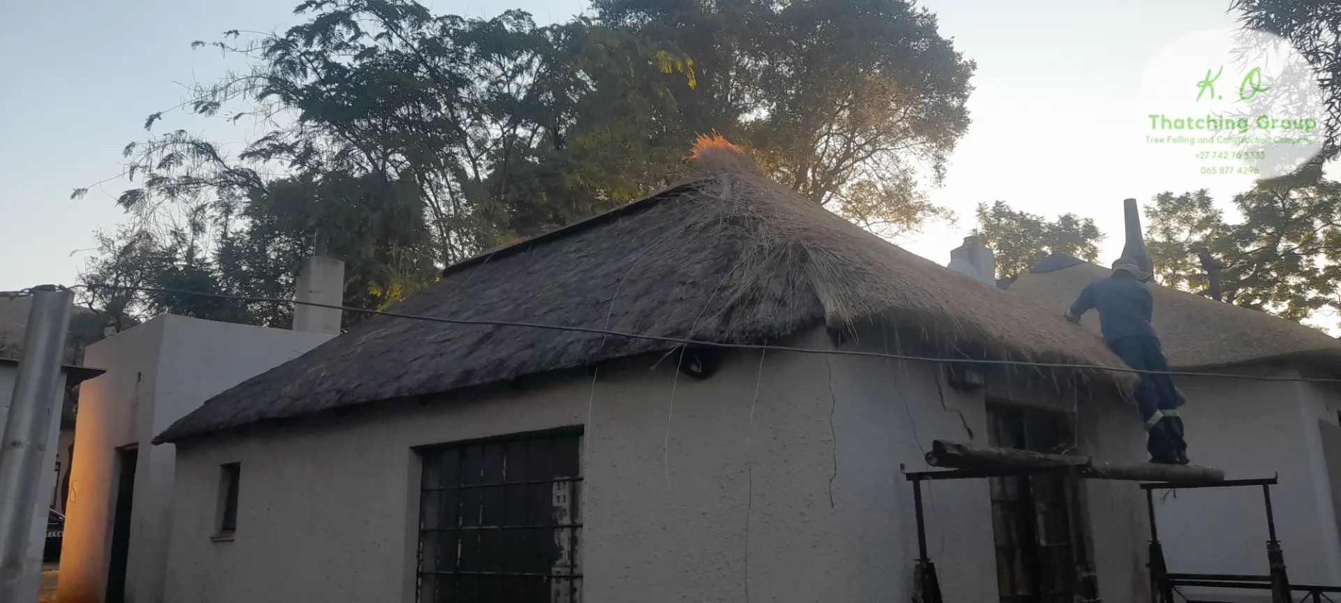 Thatcher on a timber scaffold beside a weathered thatched cottage roof at sunset